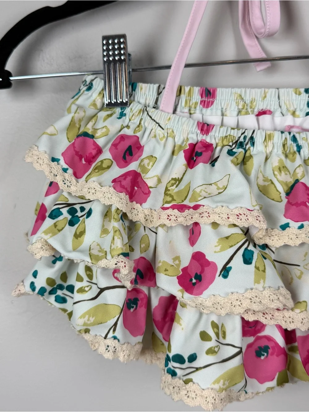 New Sweet Honey Blue Pink Floral Ruffle Halter Swim Bikini Top Size 10 Years